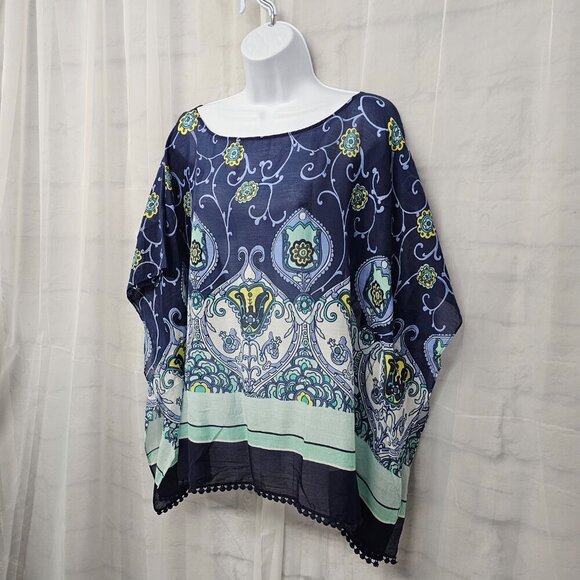 Talbots Blue Green Peasant Blouse Silk Blend Boho Festival Retro L - Picture 6 of 10